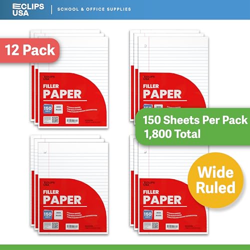 Wide Ruled Loose Leaf Paper Wide Ruled Notebook Paper Lined Writing Filler Paper 10.5” x 8” 56 gsm 1800 Sheets 150 Sheet Per Pack (12 Pack) - size: 12 Pack