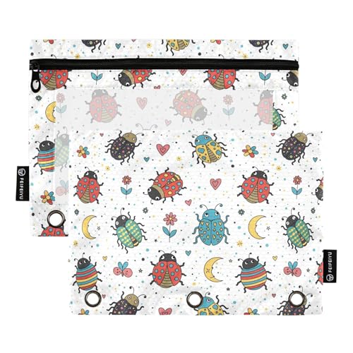 Emelivor Ladybugs Colorful White Pencil Pouch for 3 Ring Binder 2 Pack Binder Pencil Case with Clear Window Pencils Bags with Zipper for College Office Daily Supplies - color: 21-Ladybugs