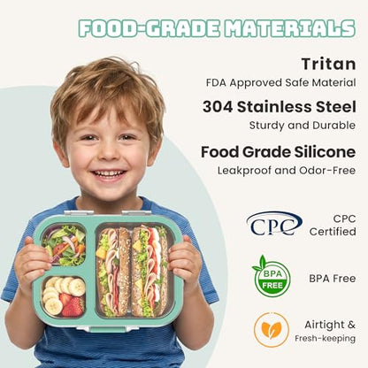 LOHASOK Kids Stainless Steel Lunch Bento Box BPA-Free Leak-Proof Tritan Lid 304 Metal Food Container with 3 Compartments for Girls Boys School Green - color: Green, size: 27oz/800ml