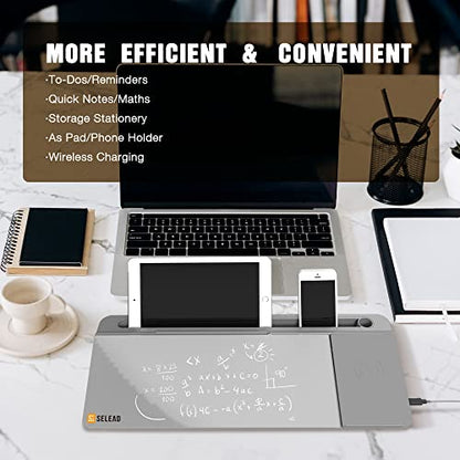 SELEAD Desktop Glass Whiteboard with Wireless Charger Station, Dry Erase White Board Computer Pad Keyboard Stand with Organizer for Home, School, Office Desk Accessories, Gray - color: Grey-wireless Charger