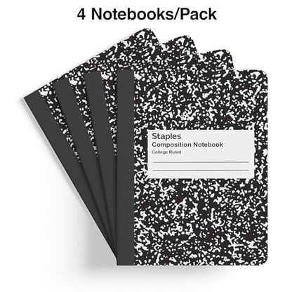 STAPLES Composition Notebook, 7.5” x 9.75”, College Ruled, 100 Sheets, Black/White Marble, 4‑Pack - size: 4 Pack, style: Black