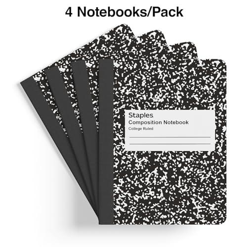 STAPLES Composition Notebook, 7.5” x 9.75”, College Ruled, 100 Sheets, Black/White Marble, 4‑Pack - size: 4 Pack, style: Black