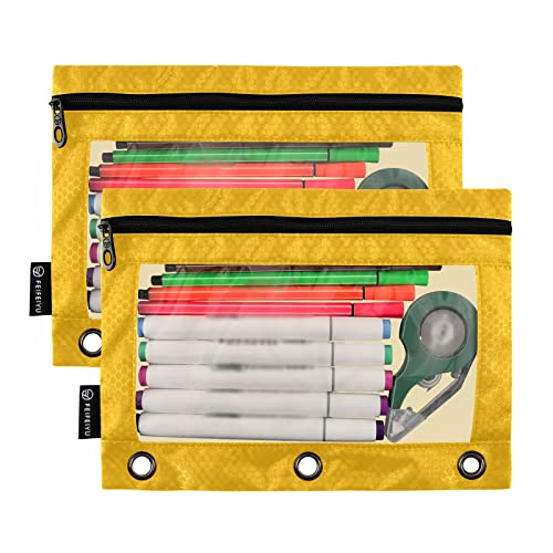 Binder Pouches,Mustard Yellow Pencil Pouch for 3 Ring Binder 2 Pack Clear Pencil Bag with Zipper for Office School Supplies - color: Mustard Yellow