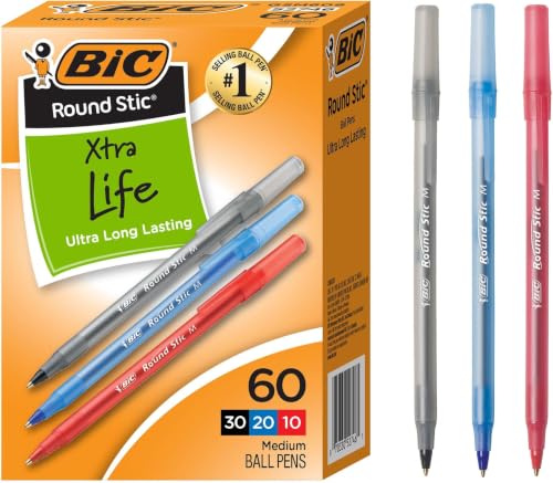 BIC Round Stic Xtra Life Assorted Ink Ballpoint Pen's, Medium Point (1.0mm), 60-Count of Bulk Pens, Flexible Round Barrel for Comfortable Writing, No. 1 Selling Ballpoint Pens (Pack of 9) - color: Assorted Colors, size: 60 Count (Pack of 9)