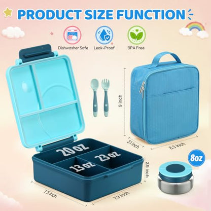 Itslife Bento Lunch Box for Kids with 8oz Soup Thermo&Lunch Bag, Leak-Proof Lunch Food Containers with 4 Compartment, Hot Food Insulated Food Jar for Kids School (Blue) - color: Blue