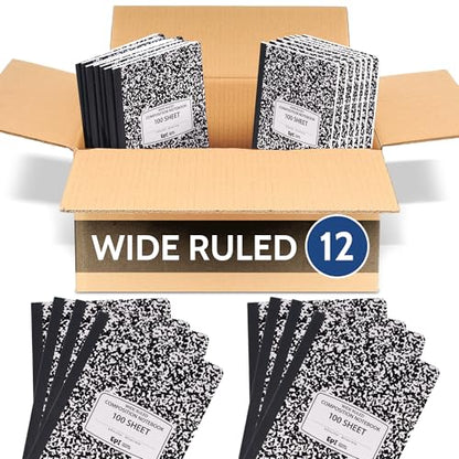 12 Pack - EPI Marble Hardcover Wide Ruled Composition Notebook | 200 Pages (100 Sheets), 9.75 x 7.5 in, Sturdy Sewn Binding | School, Office, Journaling, Notes - size: Pack of 12, style: Wide Ruled