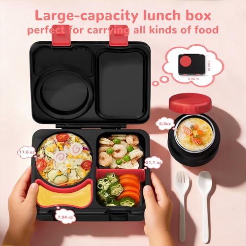 Bento Box for Kids, Leakproof Kids Bento Lunch Box Container with 8oz Insulated Thermo Food Jar, Sauce Jar, Utensil, DIY Stickers for School Boys Girls, 3-4 Compartments, BPA-Free - color: Black Red