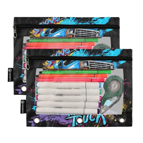 MCHIVER Monster Truck Off Road Pencil Pouch for 3 Ring Binder Pencil Pouches with Zippers Clear Window Binder Pockets Pencil Bags for Work Daily Office Adults 2 Packs - color: Monster Truck off Road