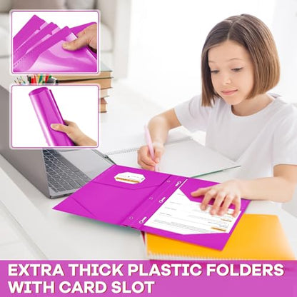 Henoyso 48 Pcs Plastic Folder with Clear Front Pocket and 3 Prongs Heavy Duty Plastic Folders with Card Slot Pocket Folders with Prongs for School Office Home(Neon Purple) - color: Neon Purple