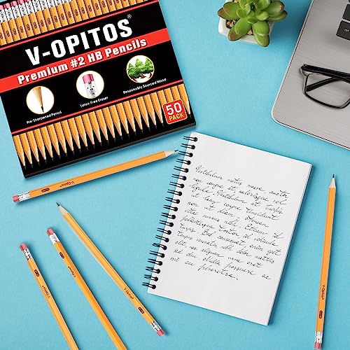 V-Opitos Wood-Cased #2 HB Pencils, 50 Pack Bulk Yellow Pencils with Erasers, Pre-Sharpened, School Classroom Teacher Supplies for Writing, Drawing and Sketching - color: Yellow