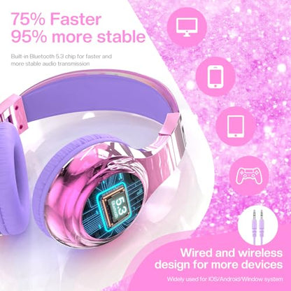 QearFun Kids Bluetooth Headphones, 60H Playtime, 74/85/94dB Safe Volume Limit, Metallic Gradient Wireless Headset with HD Mic, Fast Charging, Foldable, Wired 3.5mm Mode for School/Tablet/Travels - color: A-Purple