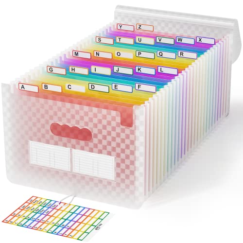 ABC life 26 Pockets Accordion File Organizer, Expanding File Folder, Portable Monthly Paper Bill Tax Receipt Organizer, Letter A4 Size Document Organizer with Labels - Pink - color: Pink