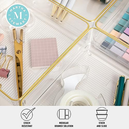 Martha Stewart Kerry Plastic Stackable Office Desk Drawer Organizers, 6" x 6", 4 Pack, with Gold Trim - size: 6" x 6"