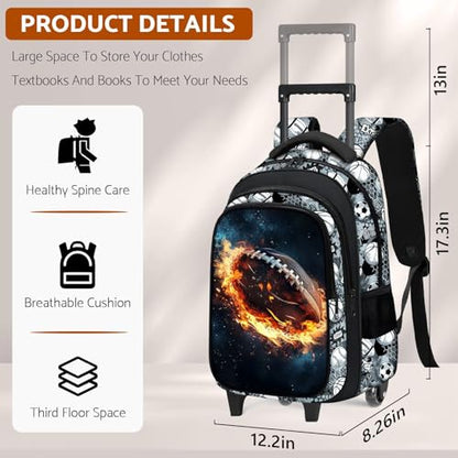 Boys Rolling Backpack for Kids - American Football Kids Rolling Backpack with Wheels for Elementary Middle School Students - Roller School Bookbag Aged 6-18, Wheeled Travel Bag Large Capacity - color: Football-002-backpack Only