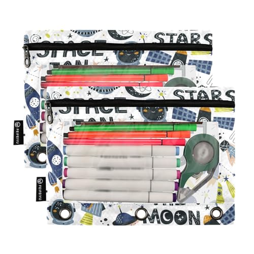 ZAZYXTJ Space Binder Pencil Pouchs 3 Ring with Zipper Clear Window | Office Organizers bag for School Students Teacher Supplies 2 Pack - color: Spaces