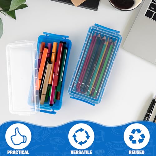 Gueevin 24 Pcs Large Capacity Plastic Pencil Box Clear Plastic Pencil Case Crayon Box with Snap Tight Lid Watercolor Pen Storage Brush Organizer Drawing Tools Container (Cute Blue) - color: Cute Blue