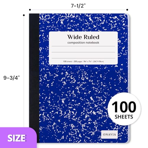 ONAVIA Composition Notebook Wide Ruled 6 Pack, 200 Pages, Marble Blue | 100 ct, 9.75 x 7.5 in, Wide Ruled Composition Notebook, Durable Comp Book, School Notebooks, Note Taking, Students - color: Blue, size: 9.75 x 7.5"