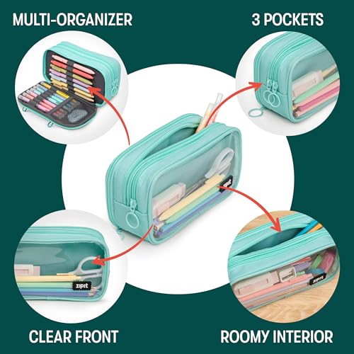 ZIPIT Half & Half Pencil Case, 3 Compartment Zipper Pouch for School, Stationery Bag for Teen Girls Boys and Adults, Mint - color: Mint