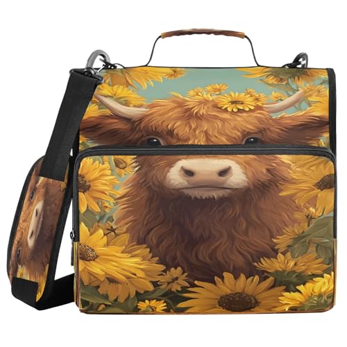 3 Ring Zipper Binder Highland Cow Sunflower Binders Bag with Shoulder Strap 500 Sheets Paper Organizer Trapper Keeper Documents Storage File Folder for School Office - color: A2842