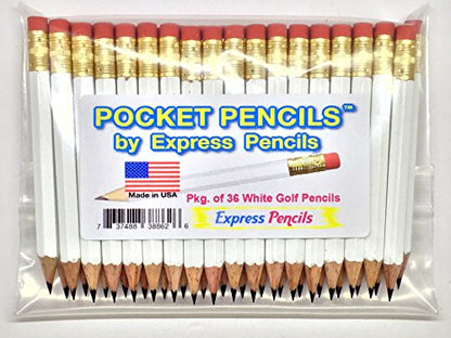 Half Pencils with Eraser - Golf, Pew, Short, Mini, Small, Non Toxic - Hexagonal, Sharpened, #2 Pencil, Color - White, Pkg of 36 Pocket Pencils™