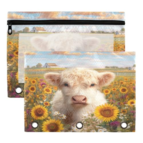 Studying 2 Pack Sunflower Field White Highland Cow 3 Ring Binder Pencil Pouch Bags,Clear Window Zipper Storage Case for Boys Girls School Office Supplies Cosmetics Organizers - color: Multi-highland Cow