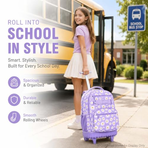 gxtvo Girls Rolling Backpack, Women Roller Bookbag with Lunch Box for Adults, Water Resistant Wheeled School Bag for College Teens Kids Travel - Purple Flower - color: Chrysanthemum Purple