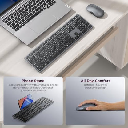 Lenovo 700 Modern Wireless Keyboard & Mouse Combo, 2.4 GHz Dongle & Dual Bluetooth Connection, AES-128 Encryption, 36 Month Battery Life, Quiet Mouse, Luna Grey - size: Combo