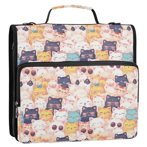 Cute Cartoon Cats Zipper Binder 3 Ring Binder with Zipper 1.5 Inch Shoulder Strap & Handle Binders Organizer Bag - color: Cute Cartoon Cats