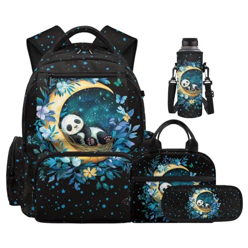 Floral Panda Backpack for Girls Boys Backpack with Lunch Box Water Bottle Holder and Soft Pencil Case Kids 4PCS Set Bookbag with Front Pocket for School 17 inch Sturdy School Bag - color: Floral Panda