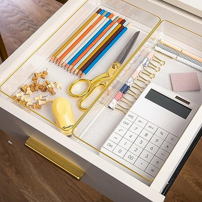 Martha Stewart Kerry Plastic Stackable Office Desk Drawer Organizers, 12" x 6", 3 Pack, with Gold Trim - size: 12" x 6"