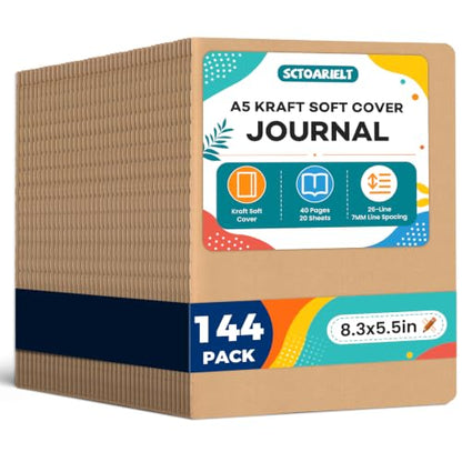 144 Pack A5 Lined Kraft Paper Journals Bulk, Notebooks for Work | A5 Notebook, 8.3" x 5.5" Inch Lined Composition Notebook, College Ruled Journal Notebook for School, 40 Pages / 20 Sheets - color: brown kraft 144 Pcs (One Item)