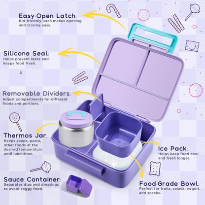Bento Lunch Box for Kids with 8oz Soup Thermo Leak-Proof Lunch Food Containers with Snack Sauce Container for Kid Girls Boys to School,Purple Bag - color: Purple Bag