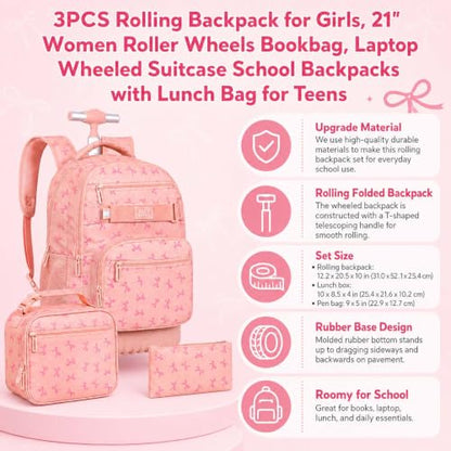 gxtvo Roller Backpack for Girls, Women Rolling Bookbag with Lunch Box for Adults, Water Resistant Wheeled School Bag for College Teens Kids Travel - Pink Bow - color: Girls Rolling Backpack Bow Pink