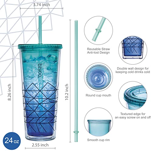 bzyoo 32 OZ 1 Liter Time Marker Water Bottle BPA Free Frosted Durable Plastic With Strap&24oz (710ml) Double Wall Plastic Tumbler with Lid and Straw
