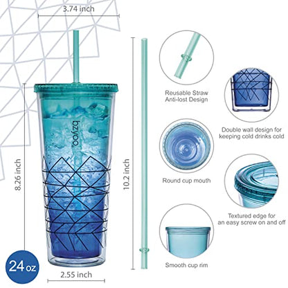 bzyoo 32 OZ 1 Liter Time Marker Water Bottle BPA Free Frosted Durable Plastic With Strap&24oz (710ml) Double Wall Plastic Tumbler with Lid and Straw