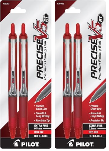 Pilot Precise V5 RT Refillable & Retractable Liquid Ink Rolling Ball Pens, Extra Fine Point (0.5mm) Red Ink, 4-Pack (26082) - size: 2 Count (Pack of 2)