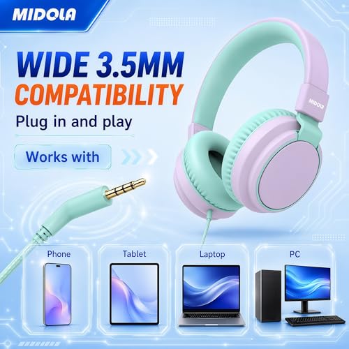 MIDOLA Kids Headphones for School Learning,Volume Limited 85/94dB, Foldable Lightweight Over-Ear Wired Headphones for Kids Toddler Girls Boys 3.5mm for Pad,Headsets with Built-in Mic Light Purple - color: LightPurple