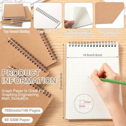Engrowtic 2 Pack Graph Paper Spiral Notepad A5 Top Wirebound Notepad Grid Notebook Steno Pad Memo Notebook Grid Paper 140 Pages for Writing Sketching Drawing Office Supply (Kraft) - color: Brown