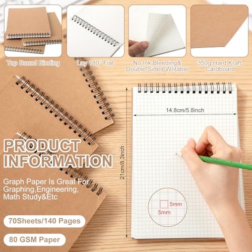 Engrowtic 6 Pack Graph Paper Spiral Notepad A5 Top Wirebound Notepad Grid Notebook Steno Pad Memo Notebook Grid Paper 140 Pages for Writing Sketching Drawing Office Supply (Kraft) - color: Brown