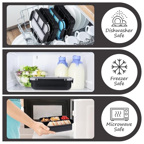 QQKO Bento Box for Kids Adults, School Toddler Lunch Box for Boys Girls, Lunch Box Containers with 4 Compartments, Sauce Container, Utensils, Food Picks and Muffin Cups for School, Black Gray - color: Black Gray