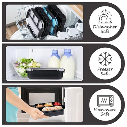 QQKO Bento Box for Kids Adults, School Toddler Lunch Box for Boys Girls, Lunch Box Containers with 4 Compartments, Sauce Container, Utensils, Food Picks and Muffin Cups for School, Black Gray - color: Black Gray