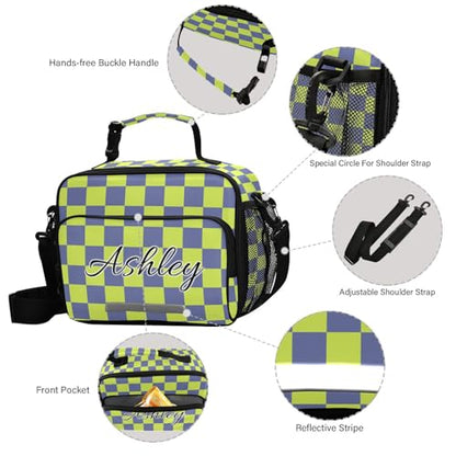 Custom Student Lunch Bag for Boys Girls Green Blue Checkered Personalized Lunch Box With Name Insulated Cooler Bag for School Picnic Travel - color: Multi16
