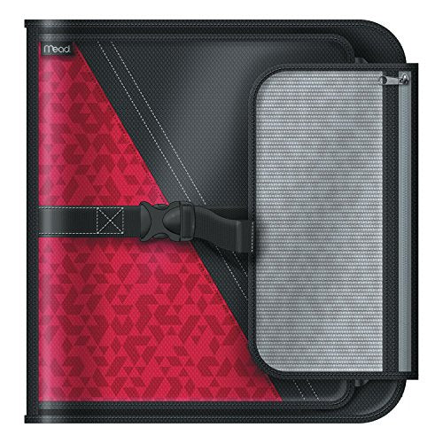 Mead 2 Inch Round Ring Binder, Sewn Fabric, 3 Tab Expanding File, 4 Pockets, Red/Black (29282BJ7) - color: Red/Black