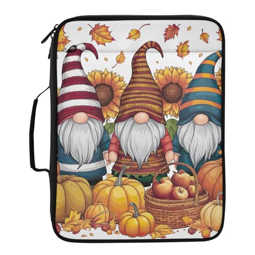 Heavy-Duty 3-Hole Ring System Binder Organizer Portfolio with 7-Slot Smart Filing Sleeve, Autumn Gnomes Pumpkins Portable Expanding File Folder with 5 Elastic Pen Slots