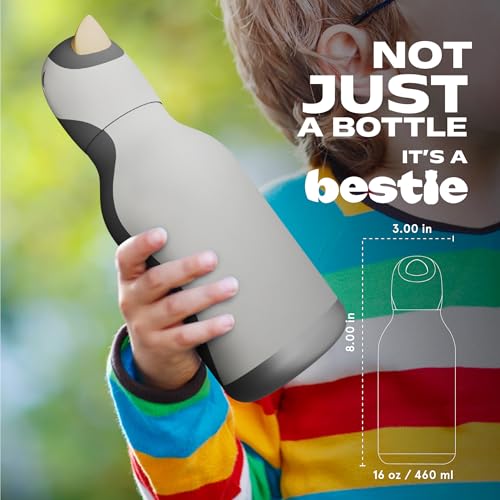 asobu Bestie Bottle Insulated Stainless Steel Water Bottle with Detachable Soft Animal Head Fun Drinking For Kids and Teens with Flexible Reusable Straw 16 Ounce (Penguin) - color: Penguin