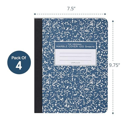 ROARING SPRING Hard Cover Composition Notebook, 4 Pack, Blue Marble Comp Book, 9.75″ x 7.5″, Unruled Blank Paper, 100 Sheets (200 Pages), Made in USA - size: 9.75" x 7.5", style: 4 Pack - Unruled - 100 Sheets - Blue Marble