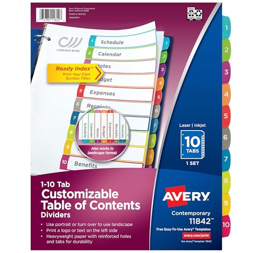 Avery Dividers for 3 Ring Binders, 10 Tabs per Set, Customizable Table of Contents, Multicolor Arched Tabs, Great for Organizing Reports, Projects, and More (11842) - size: 10 Tab