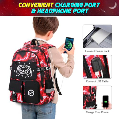 Scothen Boys Backpack, Cool Luminous School Backpacks for Boys with Lunch Bag Pencil Case, Kids Backpack Kindergarten Elementary Middle School Book Bags for Teen Boy Children with USB Charging Port - color: Red Lightning