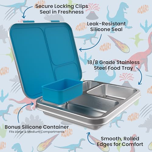 Bentgo Kids Stainless Steel Prints Leak-Resistant Lunch Box - 3-Compartments with Bonus Silicone Container, Durable, Eco-Friendly, Dishwasher Safe, BPA-Free, Ideal for School, Ages 3+ (Dinosaur) - color: Dinosaur