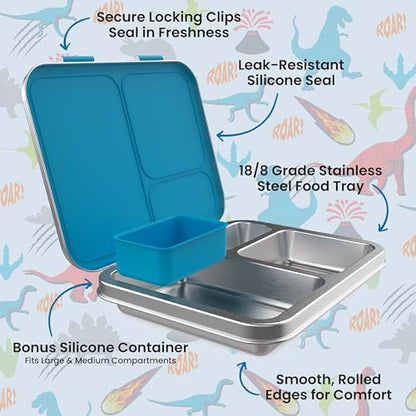 Bentgo Kids Stainless Steel Prints Leak-Resistant Lunch Box - 3-Compartments with Bonus Silicone Container, Durable, Eco-Friendly, Dishwasher Safe, BPA-Free, Ideal for School, Ages 3+ (Dinosaur) - color: Dinosaur